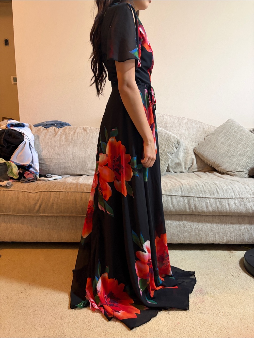 Lulu's Black Maxi Wrap Dress with Red Floral Print